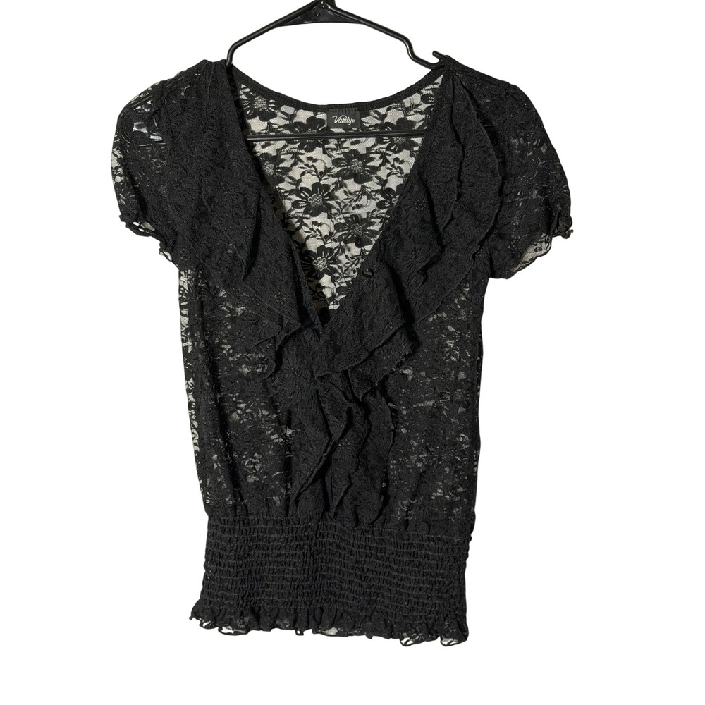 Vanity Black Floral Lace Ruffle V-Neck Smocked Waist Blouse Top Womens Small